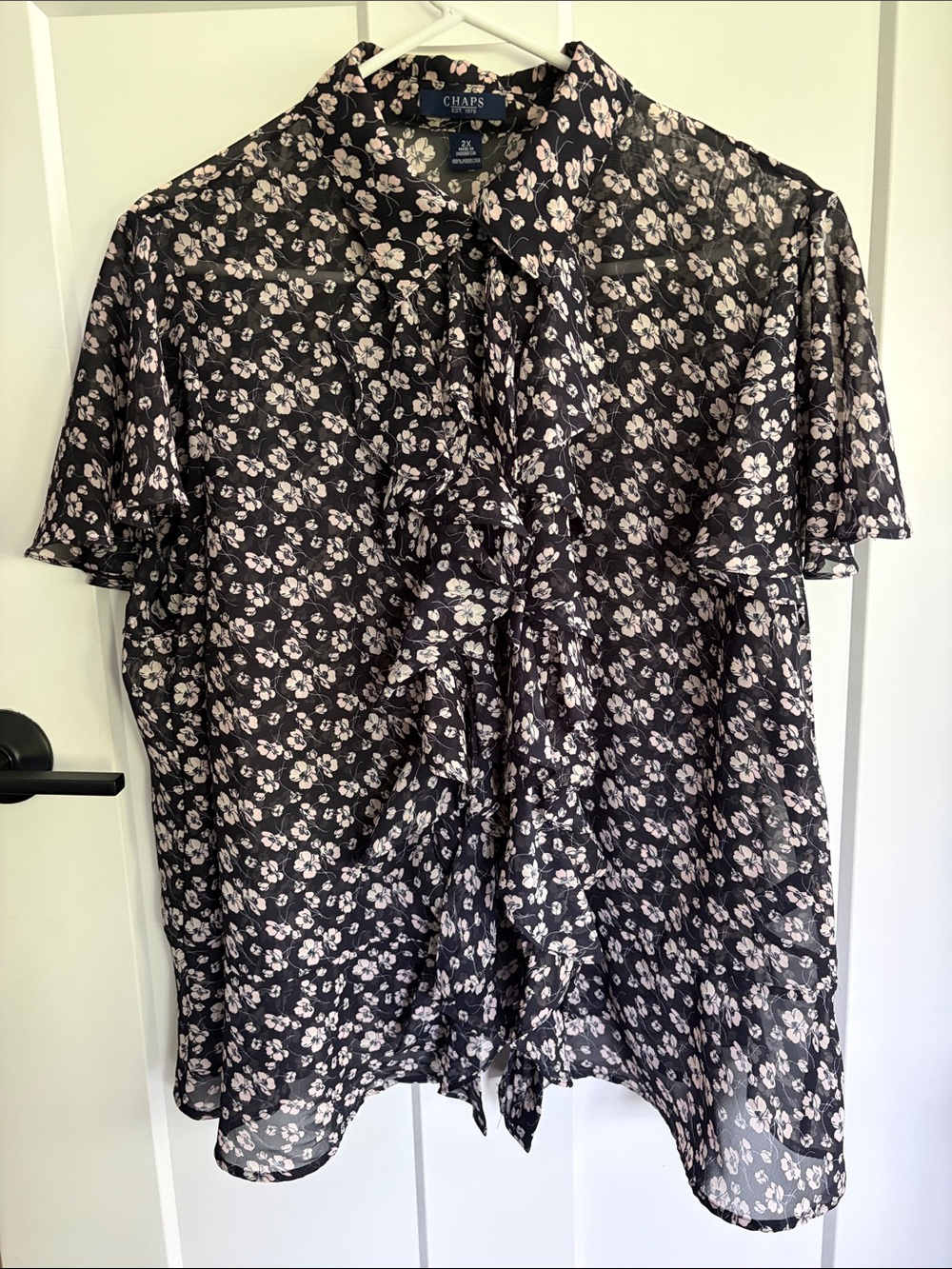 Chaps Black Short-Sleeve Floral Button-Down Shirt